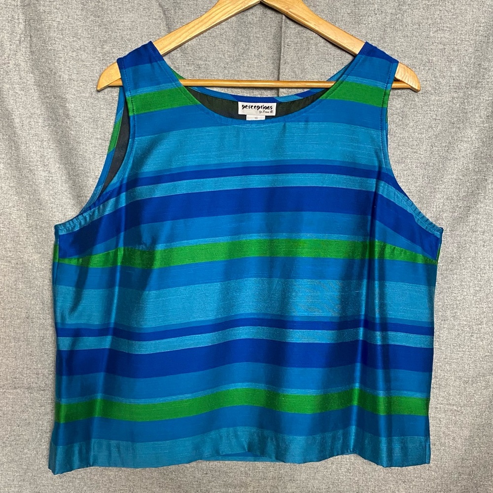 Perceptions Vintage Sleeveless Blouse Blue Green Stripe Size L 18